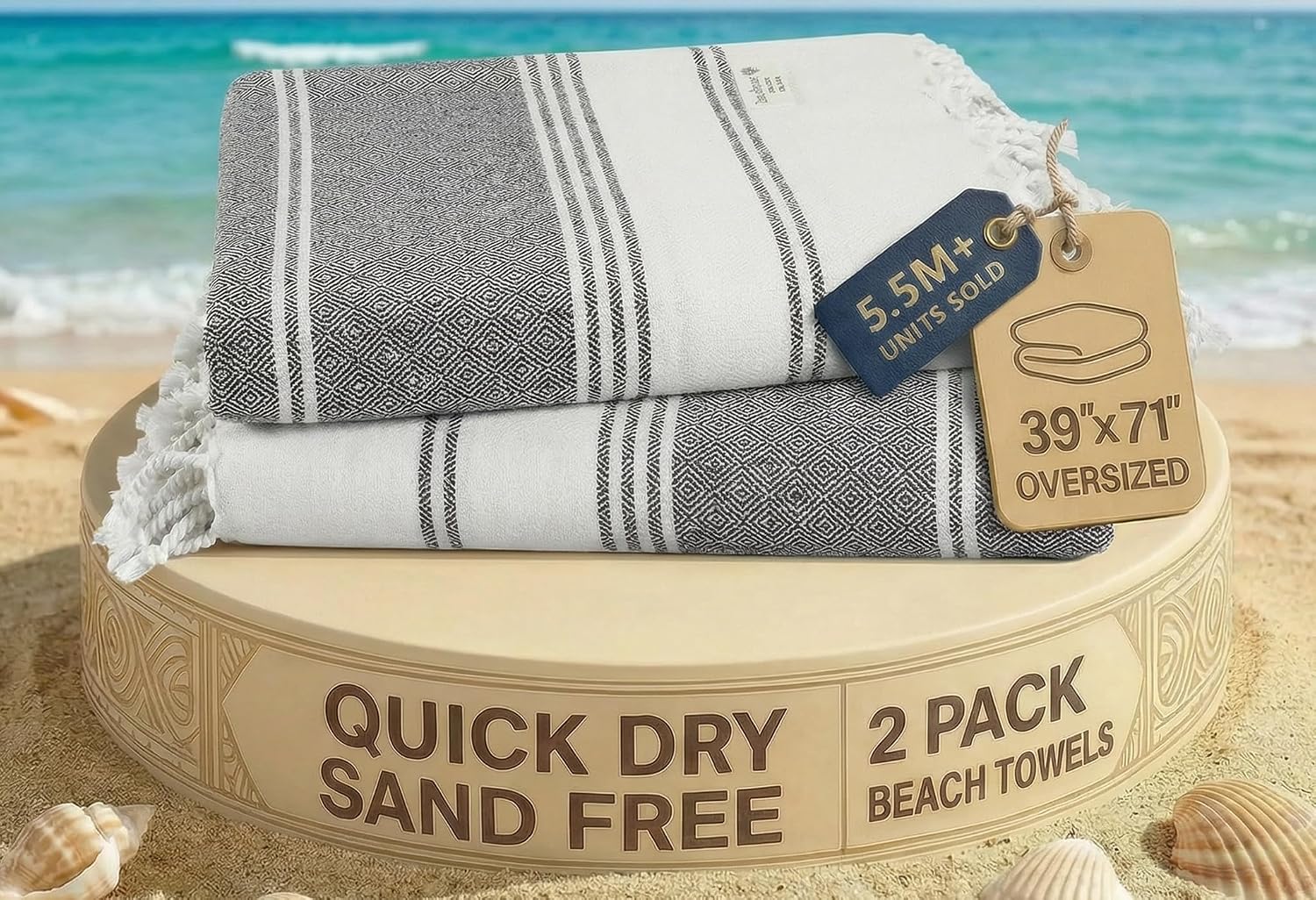 Detalle de Lane Linen Beach Towel (2-Pack) — Oversized 39" x 71" Quick Dry, Sandproof Travel Towels in Ebony