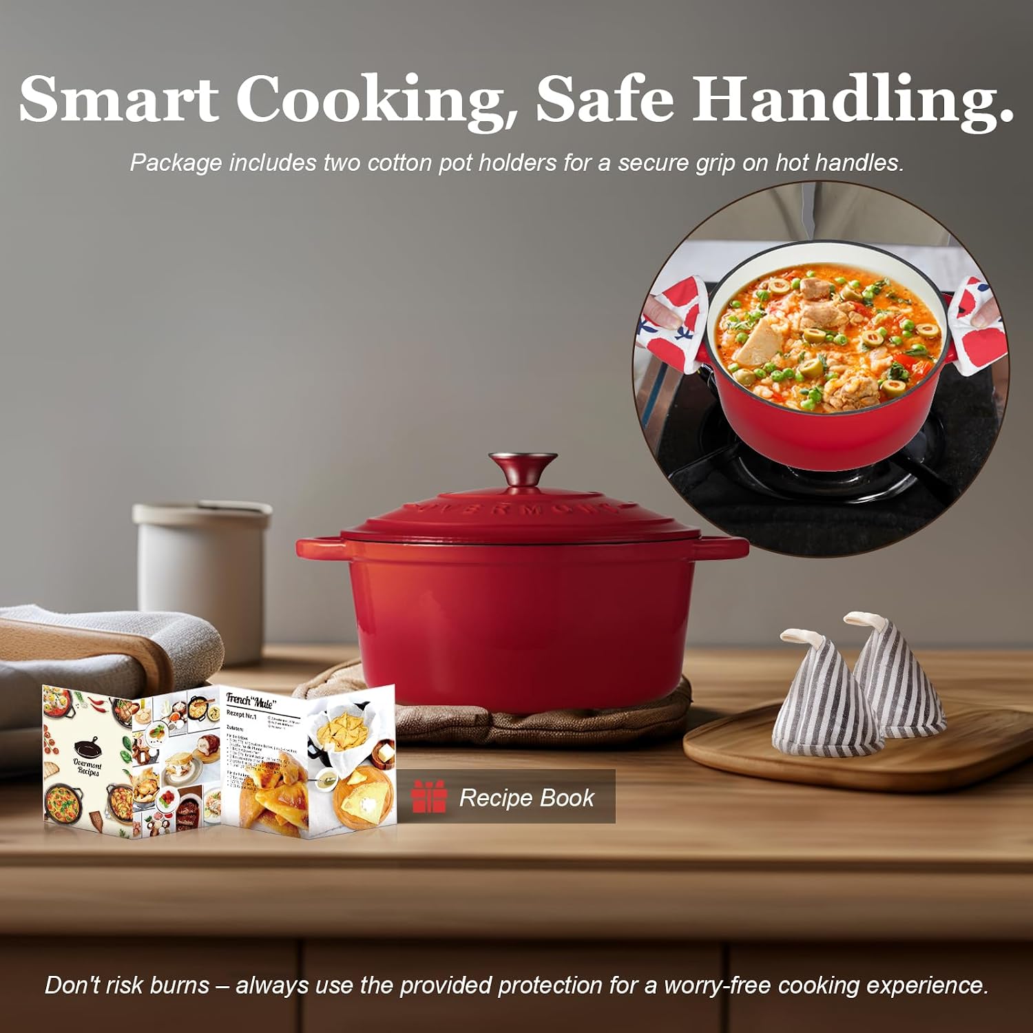 Detalle de Overmont Casseruola in Ghisa Smaltata Ø28 cm con Coperchio – Antiaderente, Forno Olandese, Induzione, Rosso