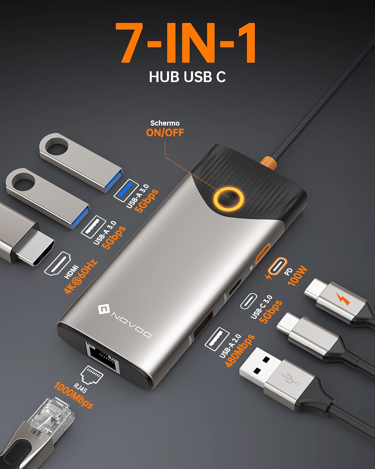 Thumbnail 1 de NOVOO USB C Hub 7‑in‑1 4K HDMI 60Hz 100W