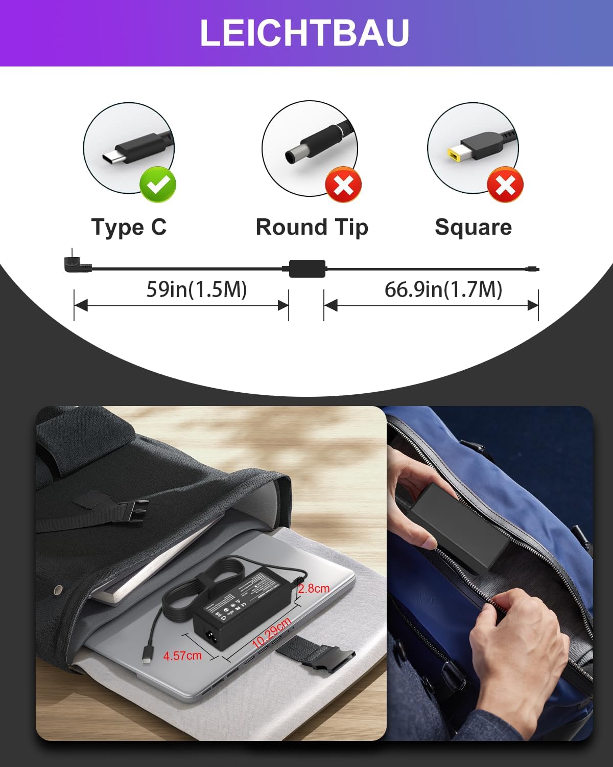 Detalle de 65W USB-C Laptop-Ladegerät für Lenovo ThinkPad und ThinkBook – Kompatibel mit ThinkPad Yoga, X1 Carbon, T- und E-Serien