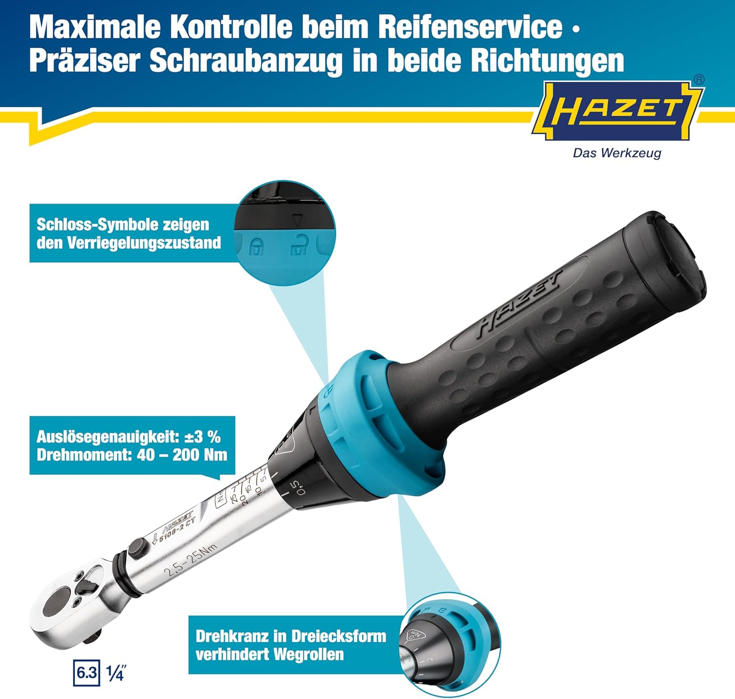 Detalle de Hazet Drehmomentschlüssel 5108-2CT für Fahrräder – präzises 2,5–25 Nm Setzen mit 1/4 Zoll Abtrieb
