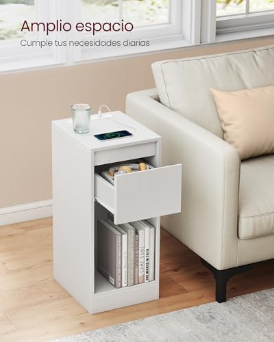 Detalle de VASAGLE KAILYN LET710W01, 2 mesitas de noche con LED, cajón y puertos USB