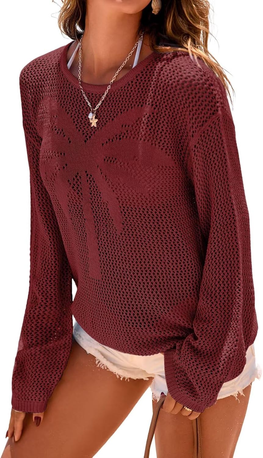 Thumbnail 6 de Dokotoo Women's 2026 Summer Crochet Hollow Out Long Sleeve Crewneck Pullover Shirt Beach Coverup