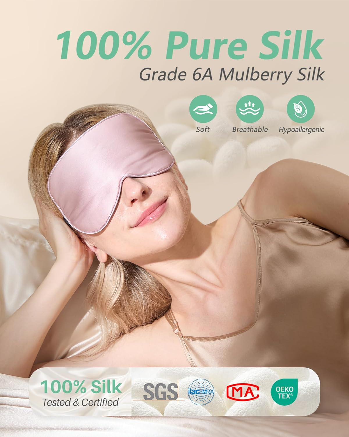 Thumbnail 1 de BeeVines 100% Mulberry Silk Sleep Mask 2-Pack: Adjustable, Light-Blocking Eye Masks for Travel and Sleep
