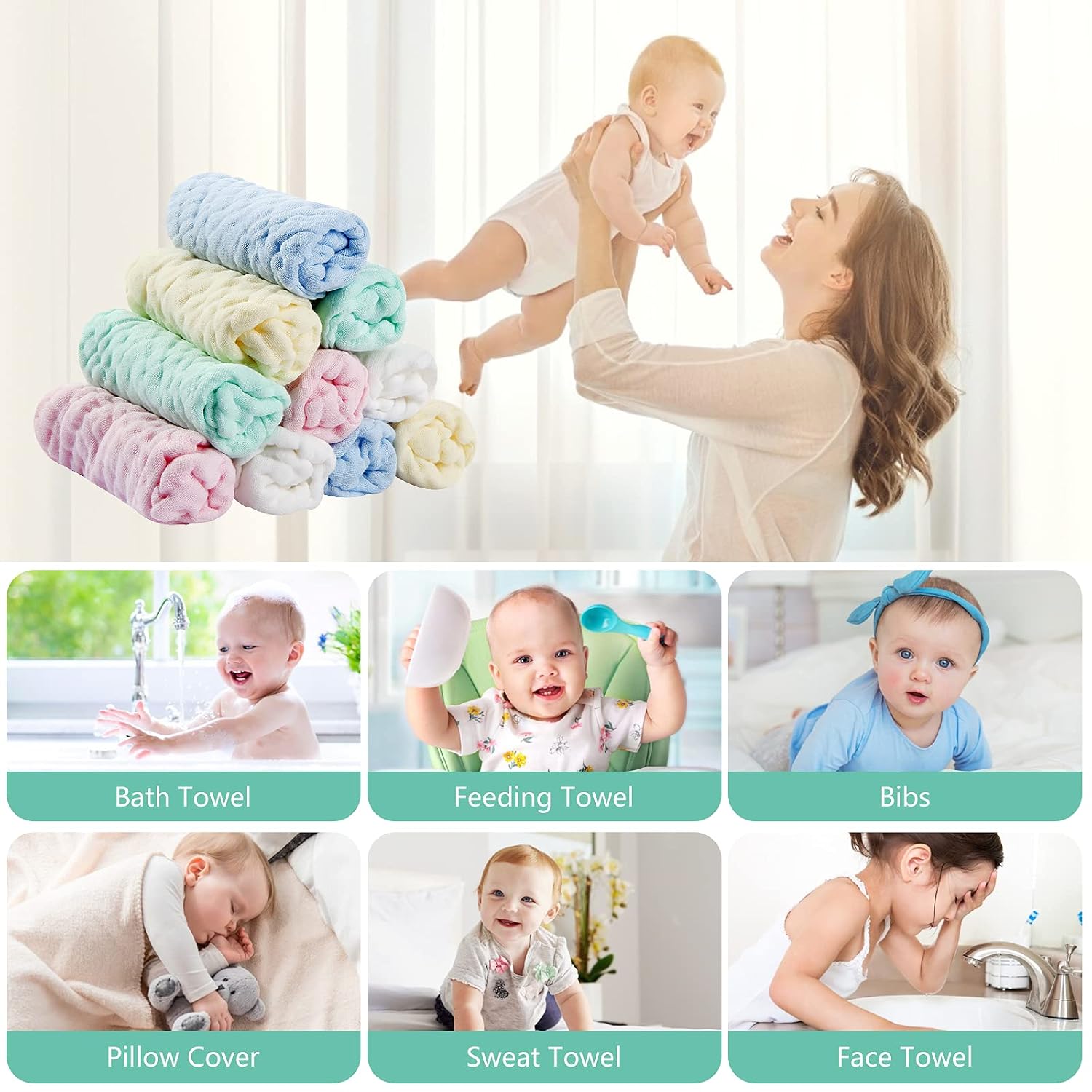 Thumbnail 5 de Koo-dib Musselin Waschlappen-Set 10 Stück 25x25 cm – Baby Mullwindeln