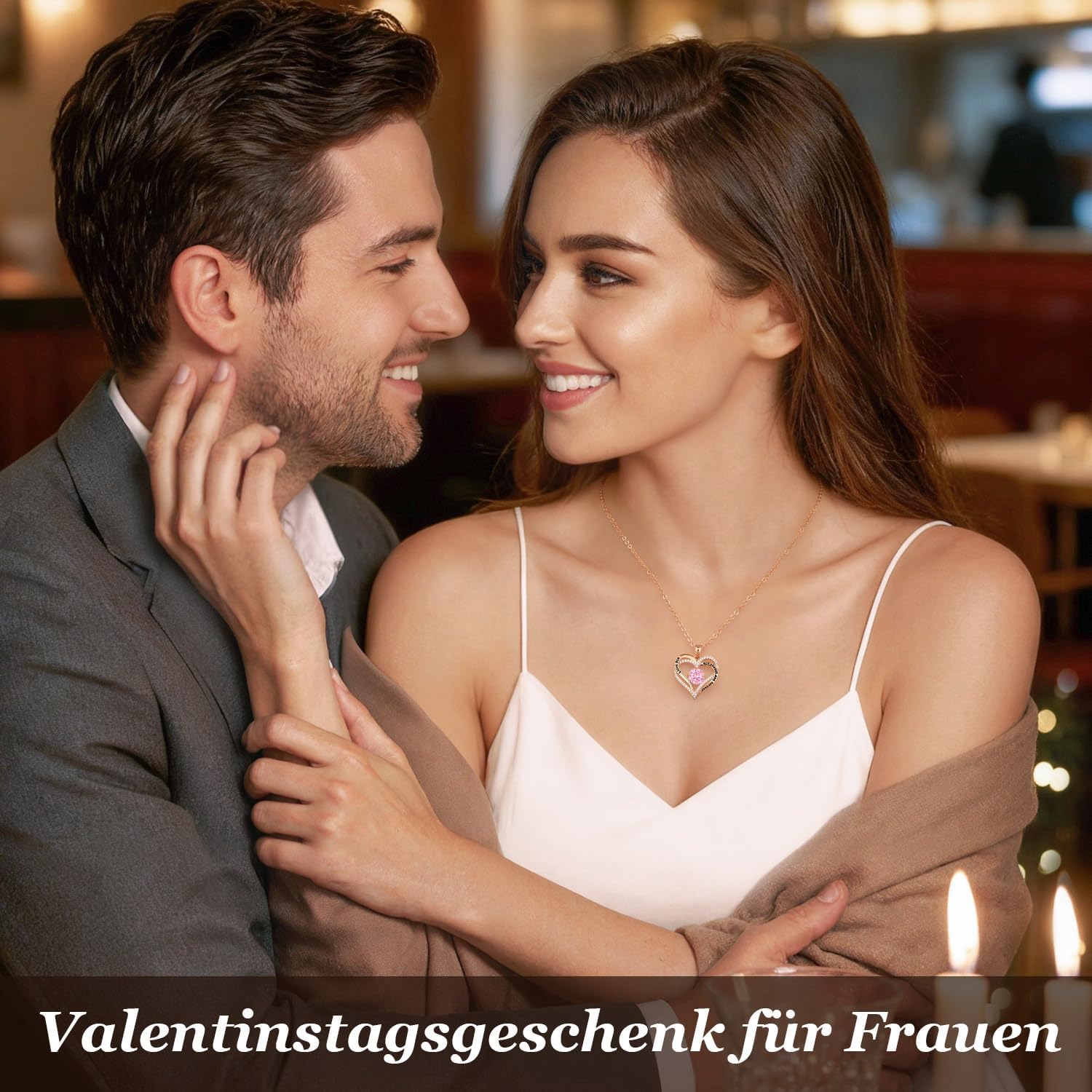 Detalle de CDE Damen Herz Anhänger Halskette mit doppeltem Herz & Zirkonia – 925 Silber oder Messing, Geburtstagsgeschenk
