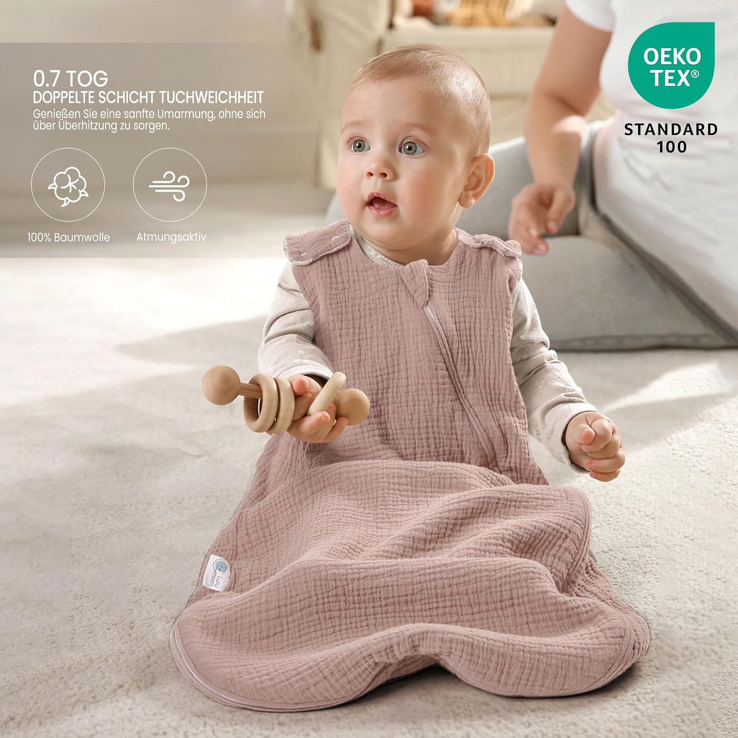 Detalle 2 de lulumoon Baby-Schlafsack (3–9 Monate) aus Musselin mit Doppelschicht, YKK-Reißverschluss – 70 cm