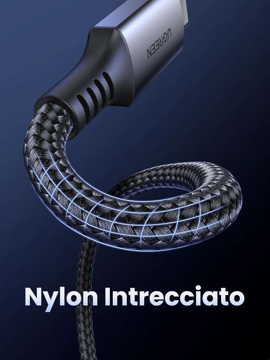 Detalle de UGREEN Zapix Cavo USB C 60W PD3.0 3A (0,5 m) — Nylon intrecciato, ricarica rapida e compatibilità estesa