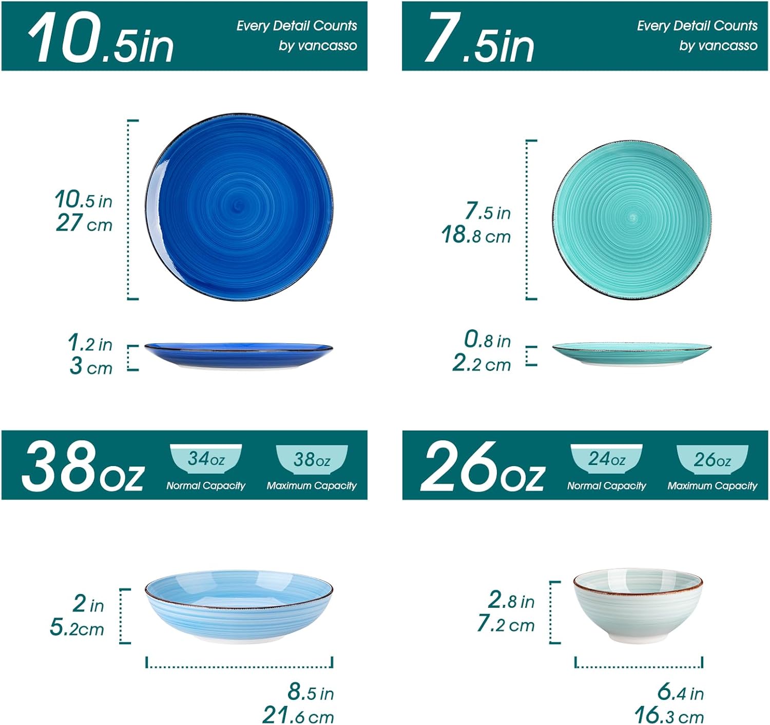 Thumbnail 1 de Vancasso Bonita stoneware dinnerware set (24 pieces) for 6 — hand-painted spiral design in blue