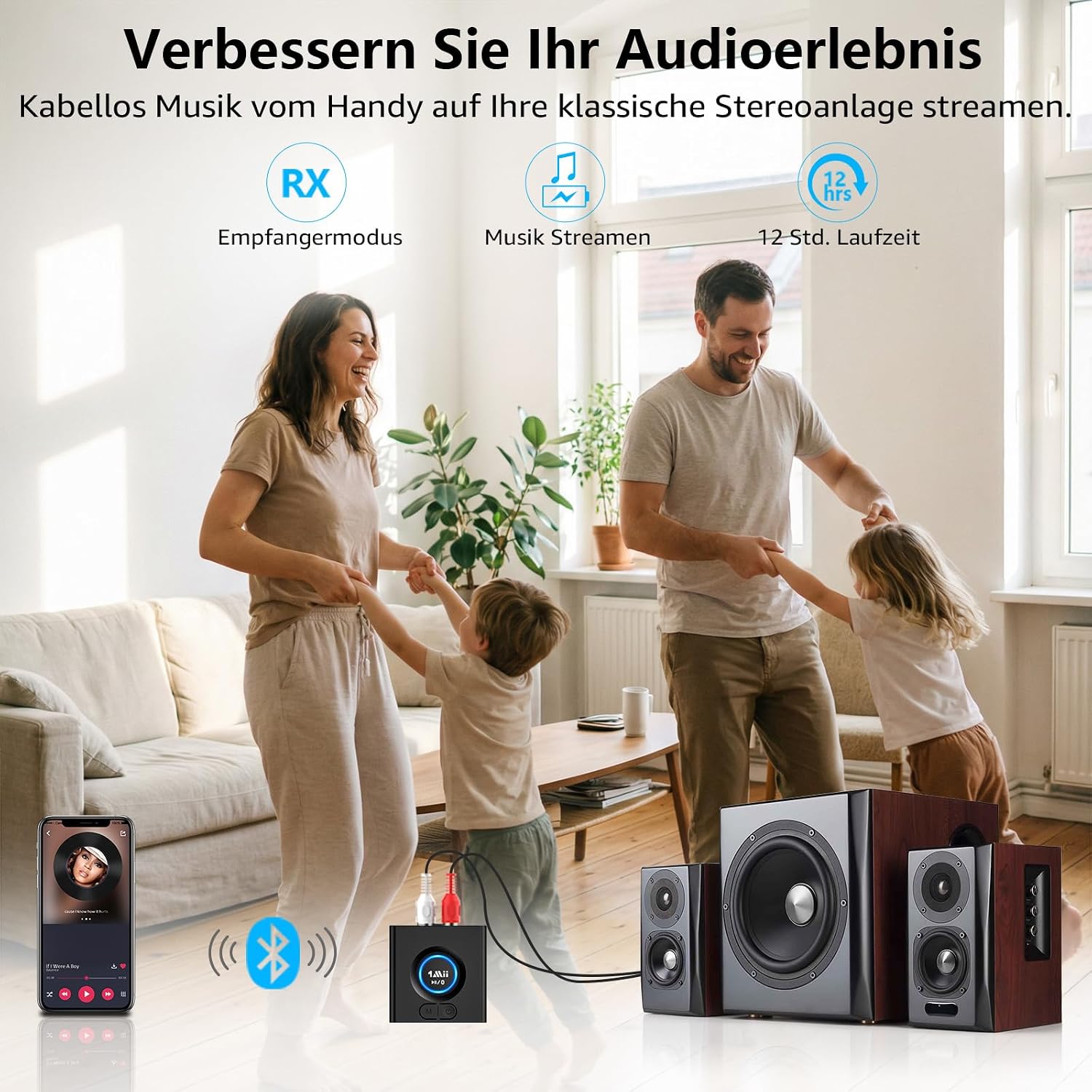 Detalle 2 de 1Mii ML200 Bluetooth-Empfänger für Stereoanlage – Kabelloser Audio-Adapter mit Bass-Boost, 3,5 mm & Cinch, 12 Std. Akku