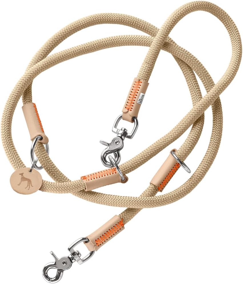 Detalle de HUNTER Verstellbare Hundeführleine Malia – beige/Natur, 200 cm verstellbar, Tau & Leder, Made in Germany