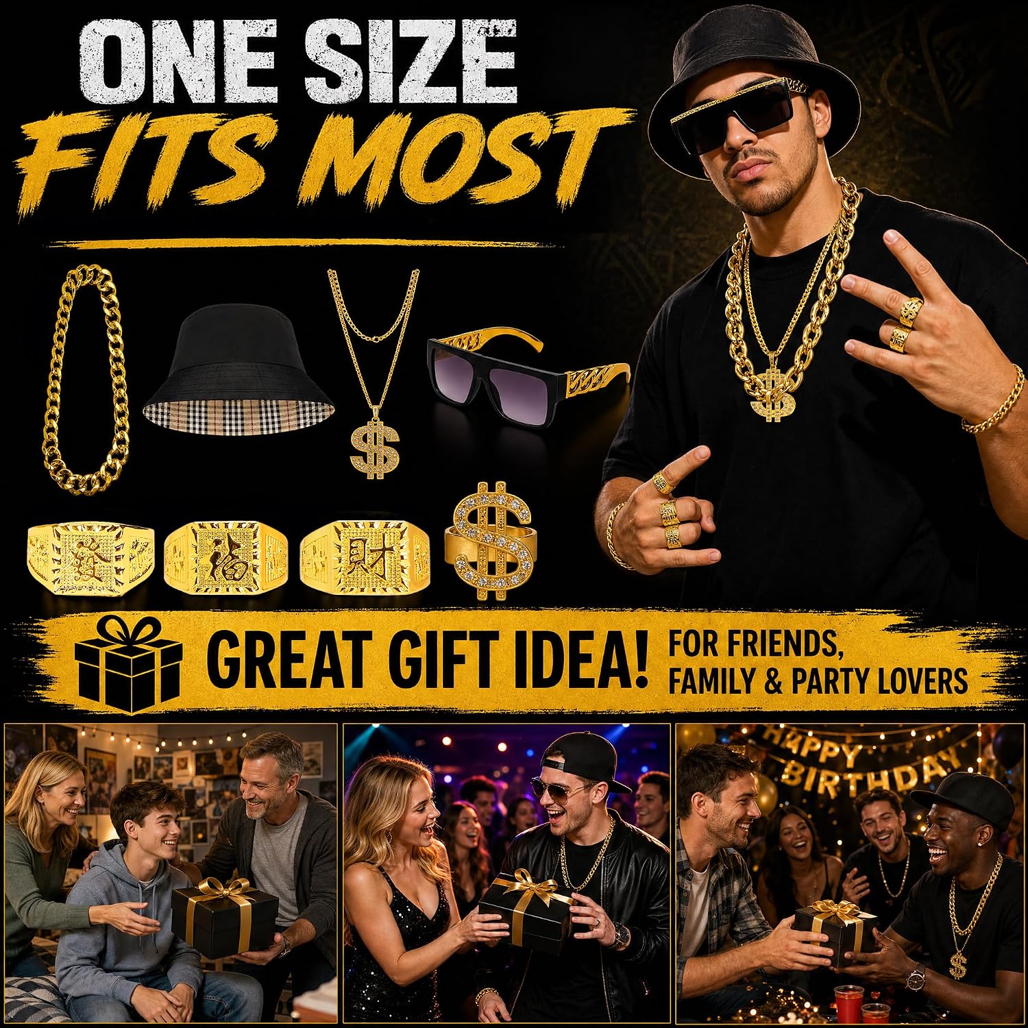 Thumbnail 6 de Hip Hop Costume Kit – Gold Chain, Dollar Sign Necklace & Accessories