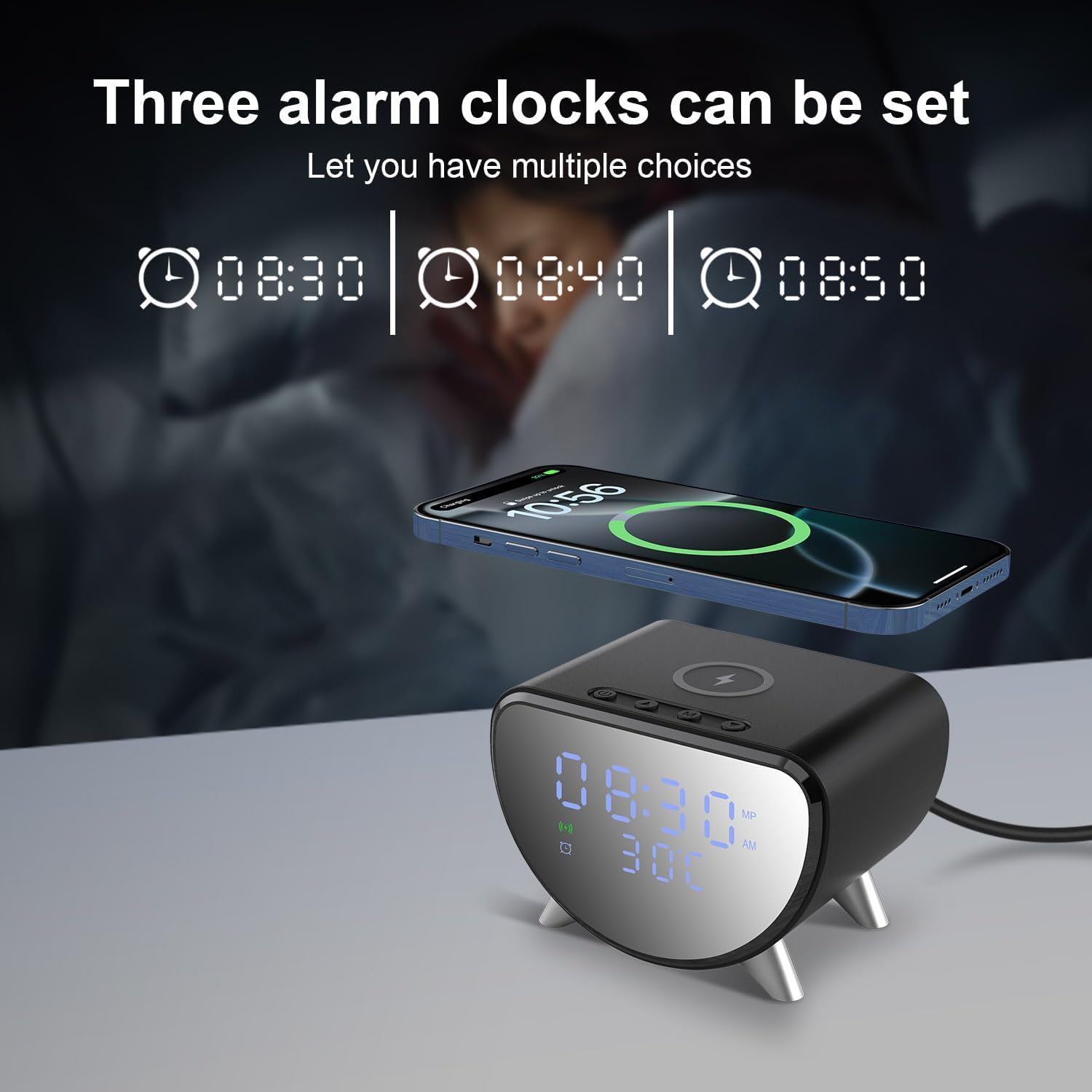 Detalle de PDKUAI Fast Wireless Charger Alarm Clock — Dimmed LED Display, 12/24H Clock, Temperature Readout and Triple Alarms