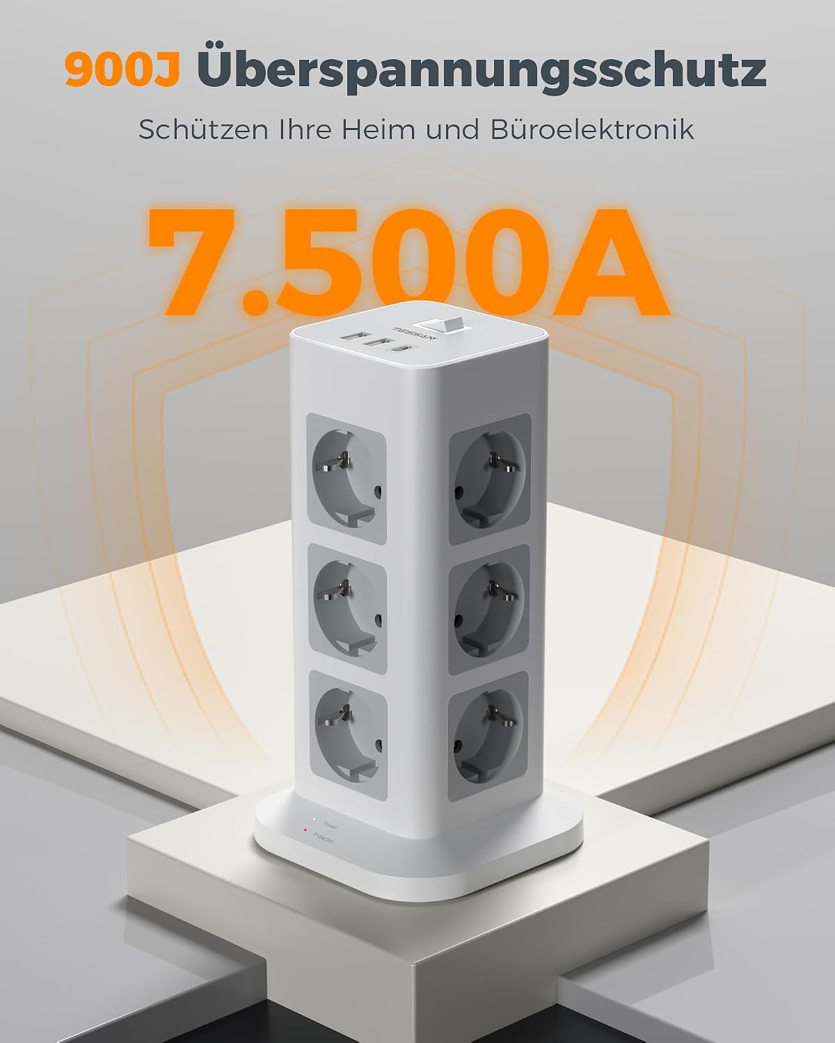 Detalle 2 de TESSAN TPS04-DE-C grenuttagstorn med 12 uttag, USB-C, 2 USB-A och 2 m kabel