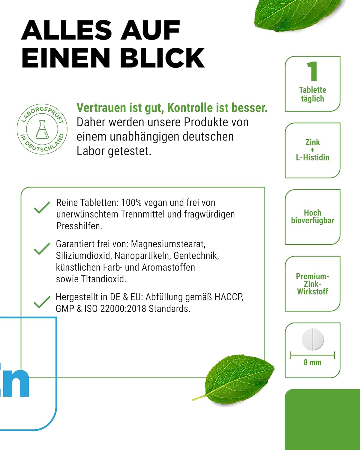 Detalle de Zink 25 mg (Albion Zinkbisglycinat) + L-Histidin – 400 Tabletten Premium