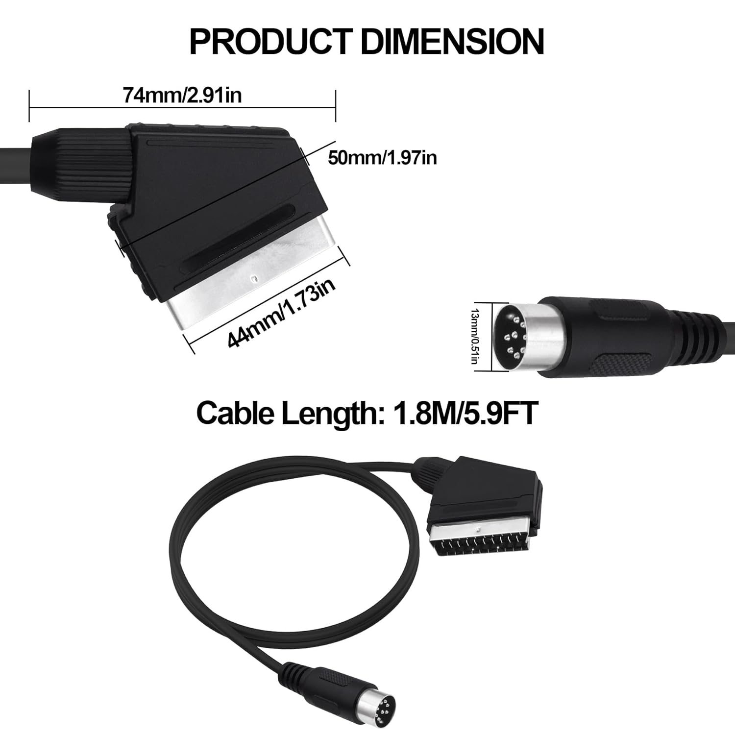 Detalle de YARCHONN 8 Pin DIN to SCART Lead Cable – 1.8M RGB SCART to DIN8 for Retro Consoles