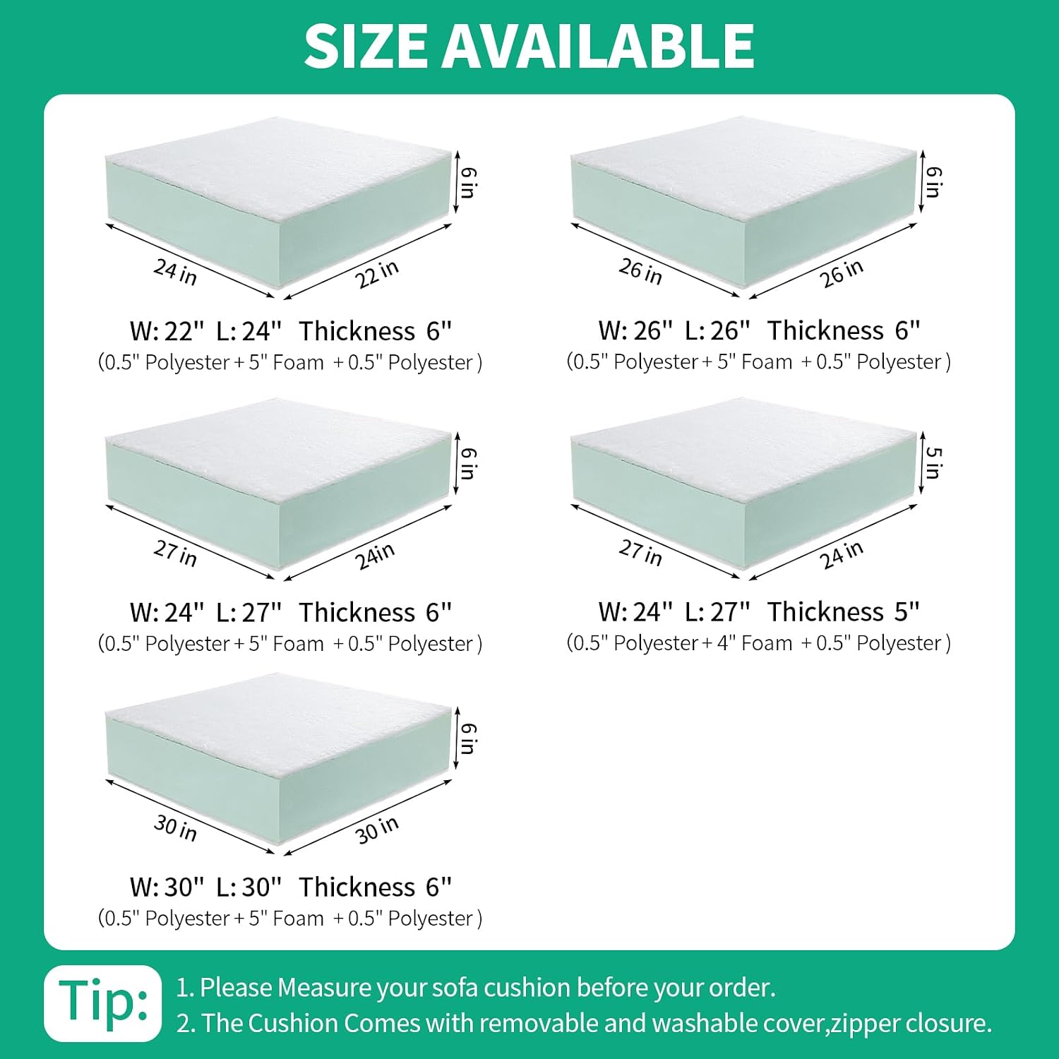 Thumbnail 6 de HOMBYS 6SFHM26261P Couch Cushion Insert, 6-Inch Thick, 26" x 26