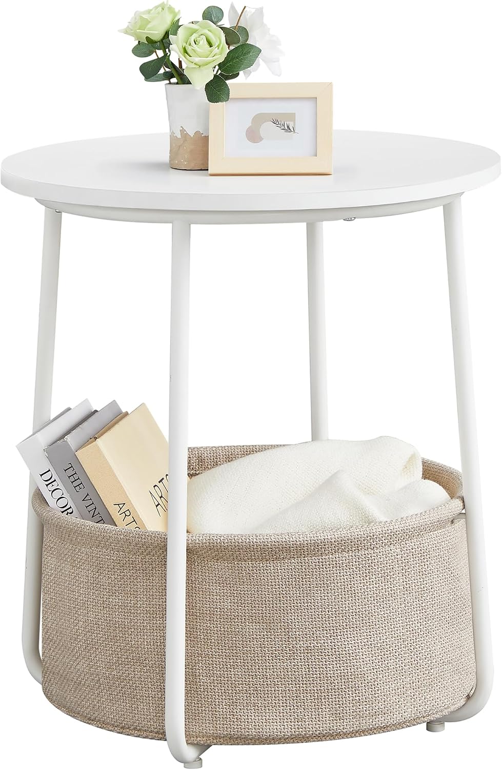 Detalle de VASAGLE ULET223W10 LILEA Round Side Table with Fabric Basket, Matte White