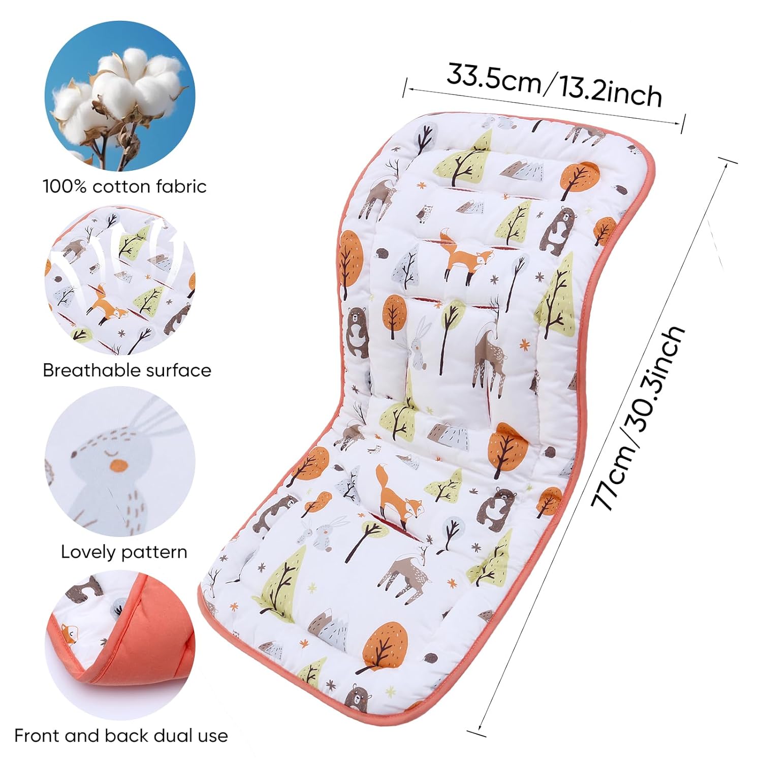 Thumbnail 3 de Baby Sitzauflage für Kinderwagen aus 100% Baumwolle (34 x 78 cm), beidseitig nutzbar
