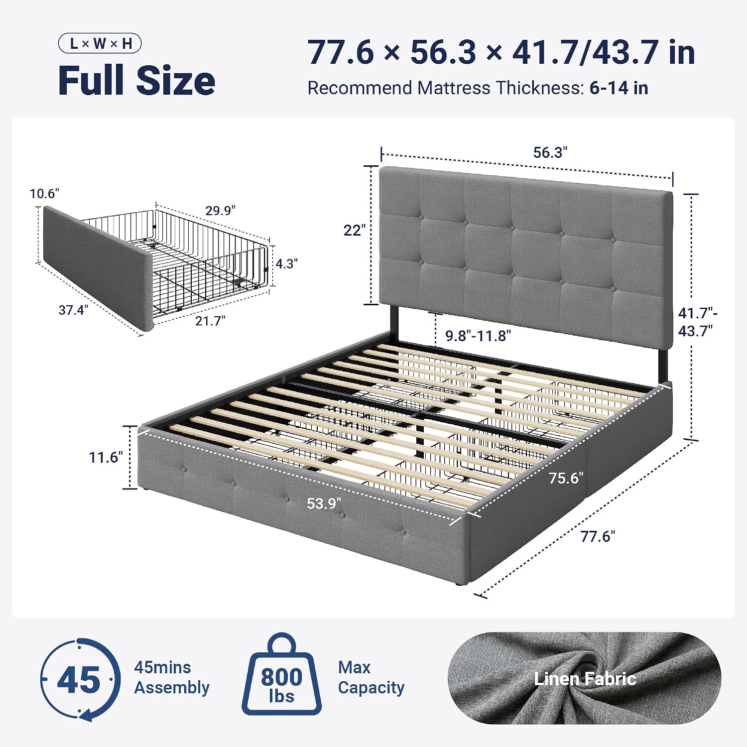 Detalle 2 de Allewie Full Storage Bed Frame with 4 Drawers