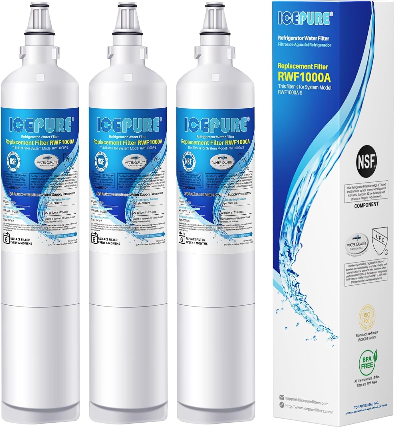 Detalle de ICEPURE RWF1000A Refrigerator Water Filter 3-Pack for LG LT600P, NSF/ANSI 42 & 372