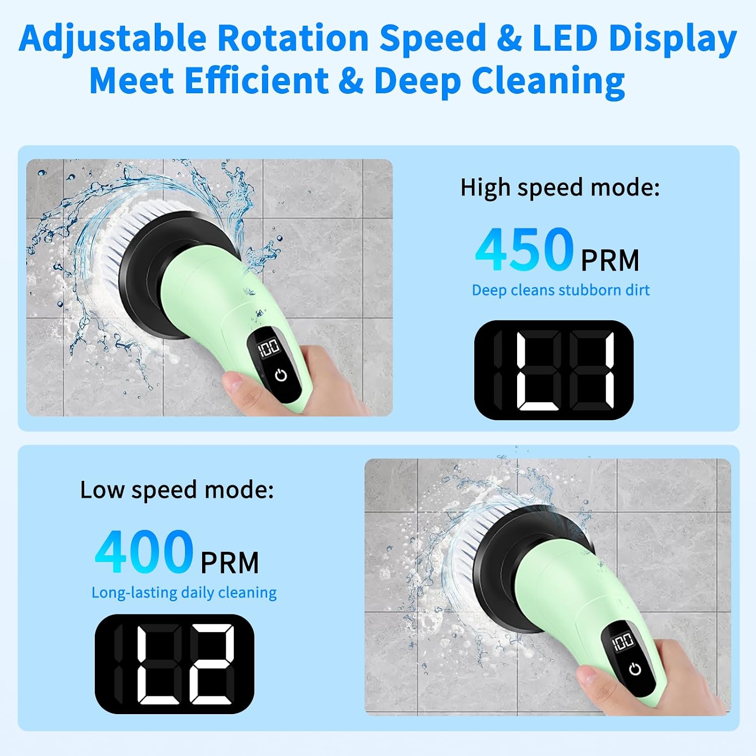 Detalle de SINZUX Electric Spin Scrubber with 8 Replaceable Heads, LED Display and Adjustable Extension Handle (Green)