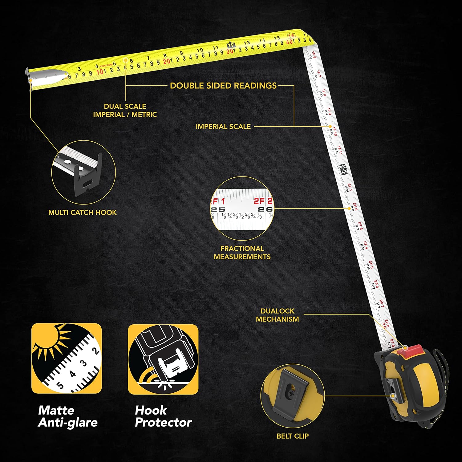 Detalle de LEXIVON LX-206 DuaLock Tape Measure, 25 ft/7.5 m, 1-Inch Blade