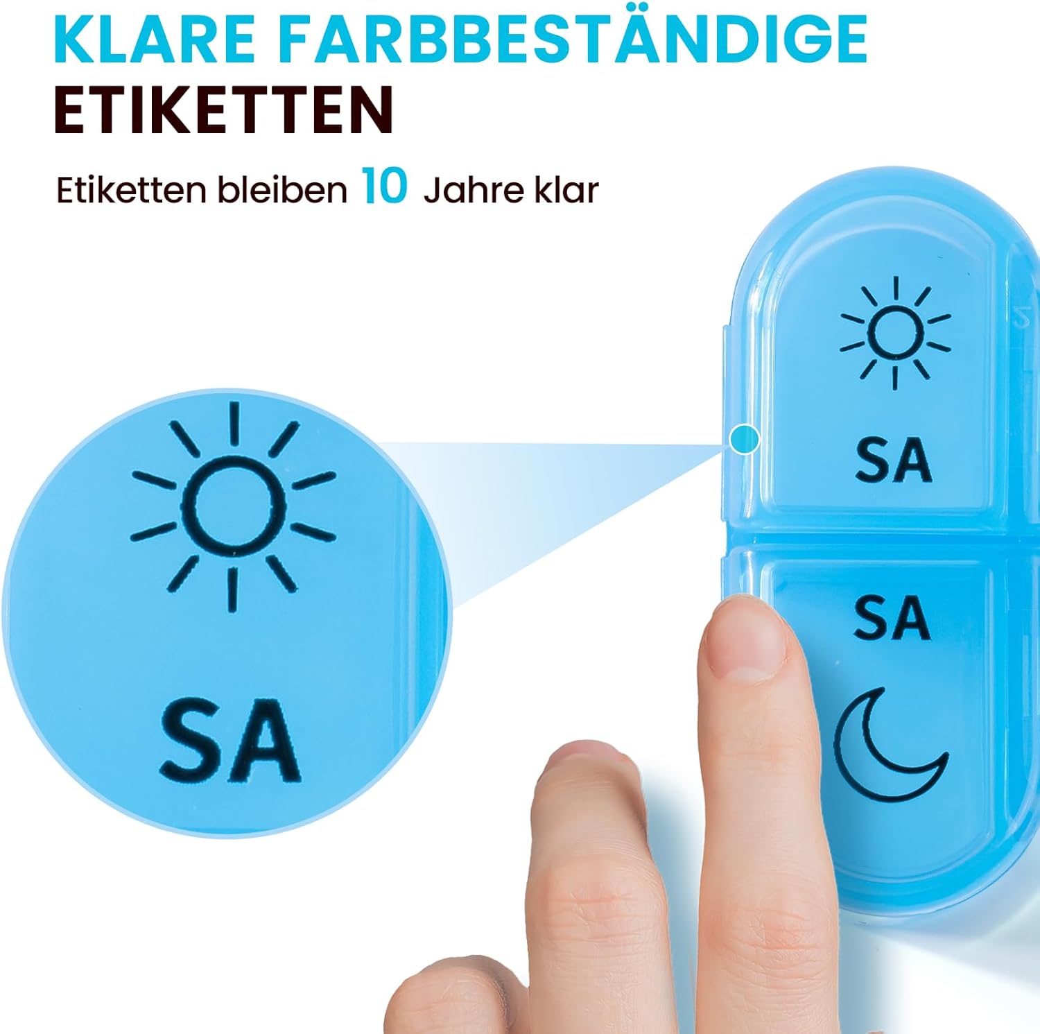 Detalle de Doruimi Tablettenbox 7 Tage – Morgens & Abends, BPA-frei, 2 Fächer pro Tag, kompakt und langlebig (Blau)