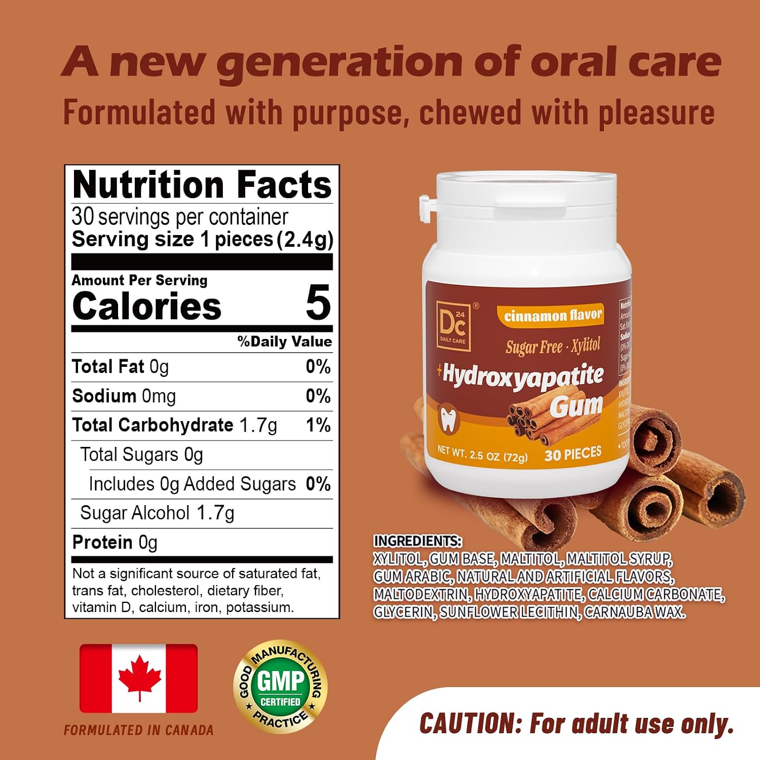 Detalle 2 de DC24 DAILY CARE Remineralizing Hydroxyapatite Gum, Cinnamon, 90 Count