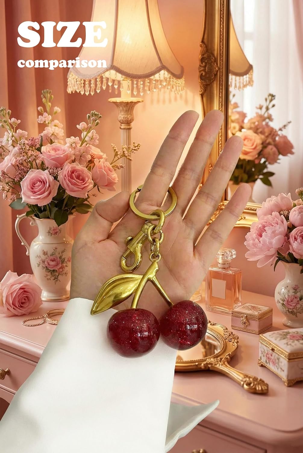 Detalle de GrueGard Porte-clés cerise pour sac (cherry charm) – bijou de sac mignon, attache rapide pour clés et sac à dos