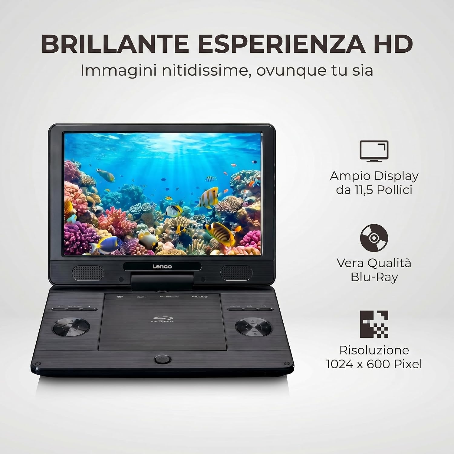 Detalle de Lenco BRP-1150 lettore Blu-Ray portatile con schermo TFT girevole da 11,5" e batteria integrata
