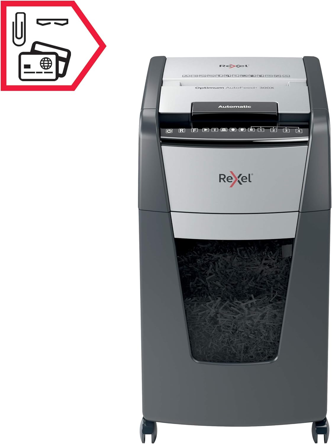 Detalle de Rexel Auto+ 300X : Destructeur de documents automatique, coupe croisée P-4, 300 feuilles, corbeille 60 L
