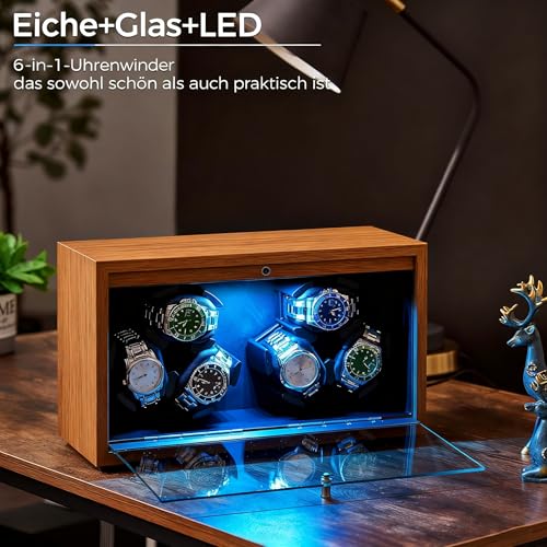 Thumbnail 1 de ANWBROAD Uhrenbeweger für 6 Uhren – leiser Spinner mit LED-Beleuchtung aus Walnussholz
