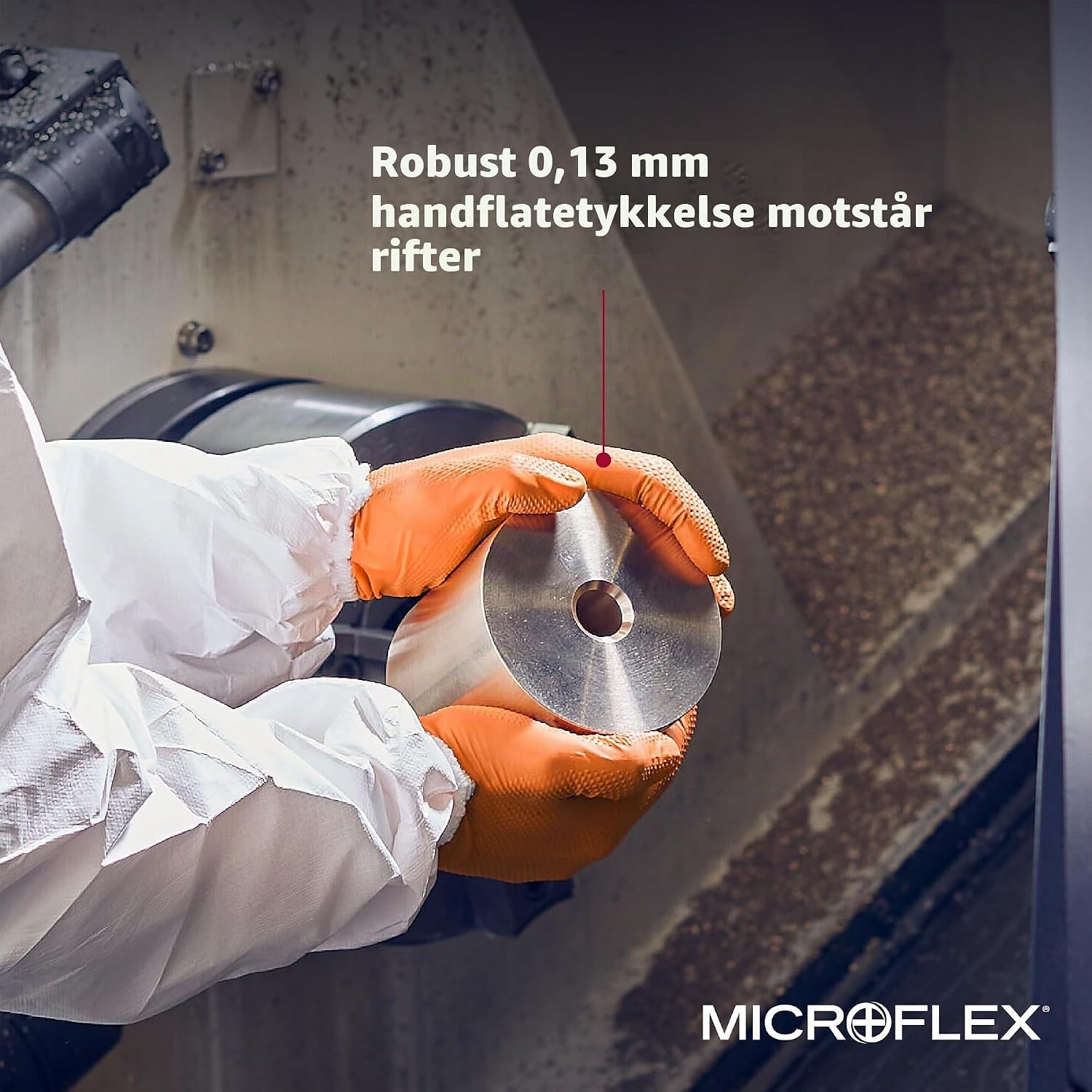 Detalle 2 de Ansell MicroFlex 93-256 nitrilhandskar, puderfria och orange, storlek L