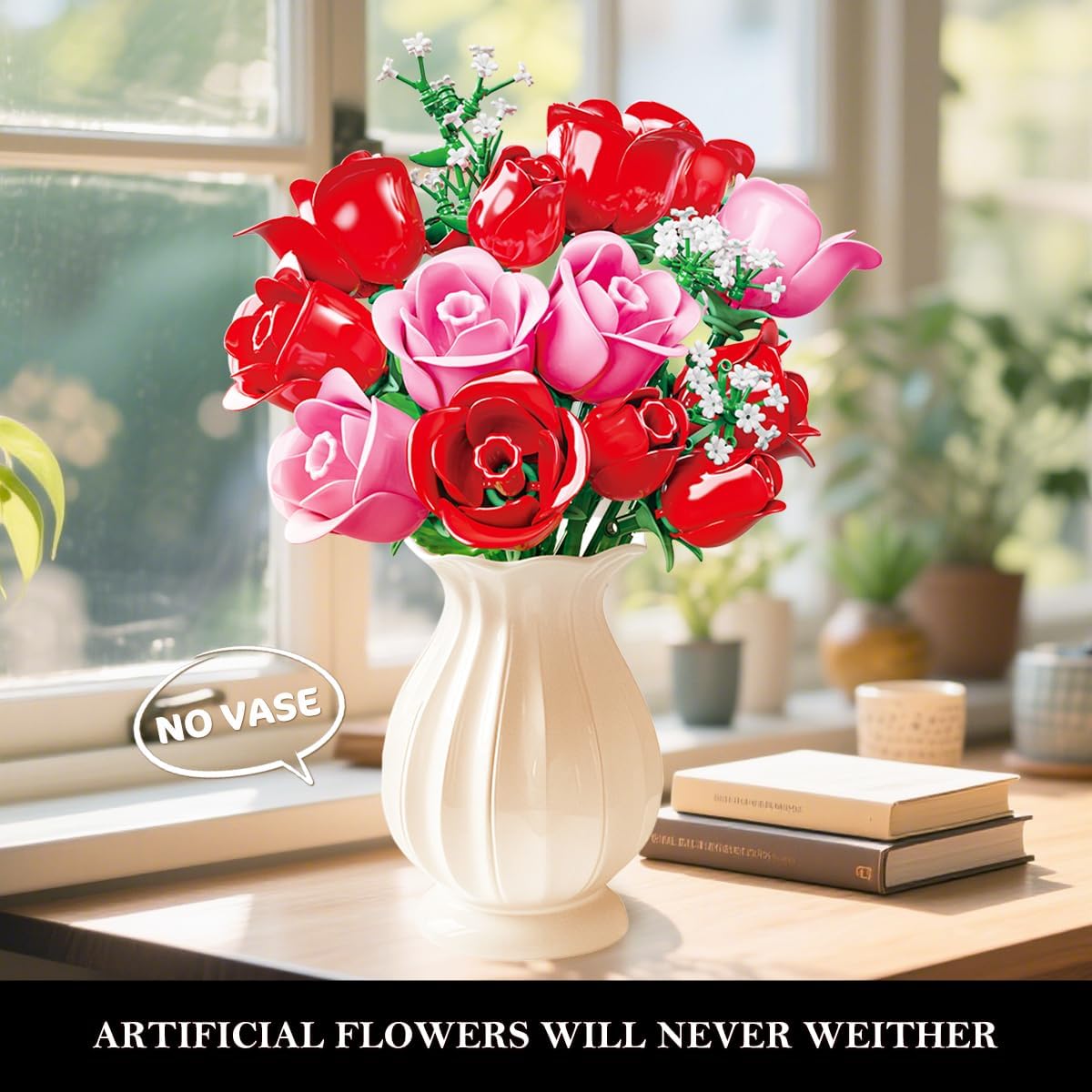 Thumbnail 2 de HOGOKIDS Blumenstrauß-Bausatz mit Lichtern – 16 künstliche Rosen, LED-Beleuchtung, 387 Teile (Rosa)
