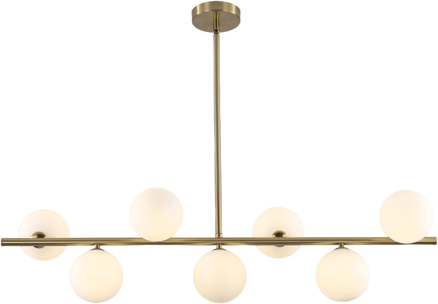 Detalle de BOKT BP1078 7-Light Linear Chandelier with White Glass Globes, Brushed Gold