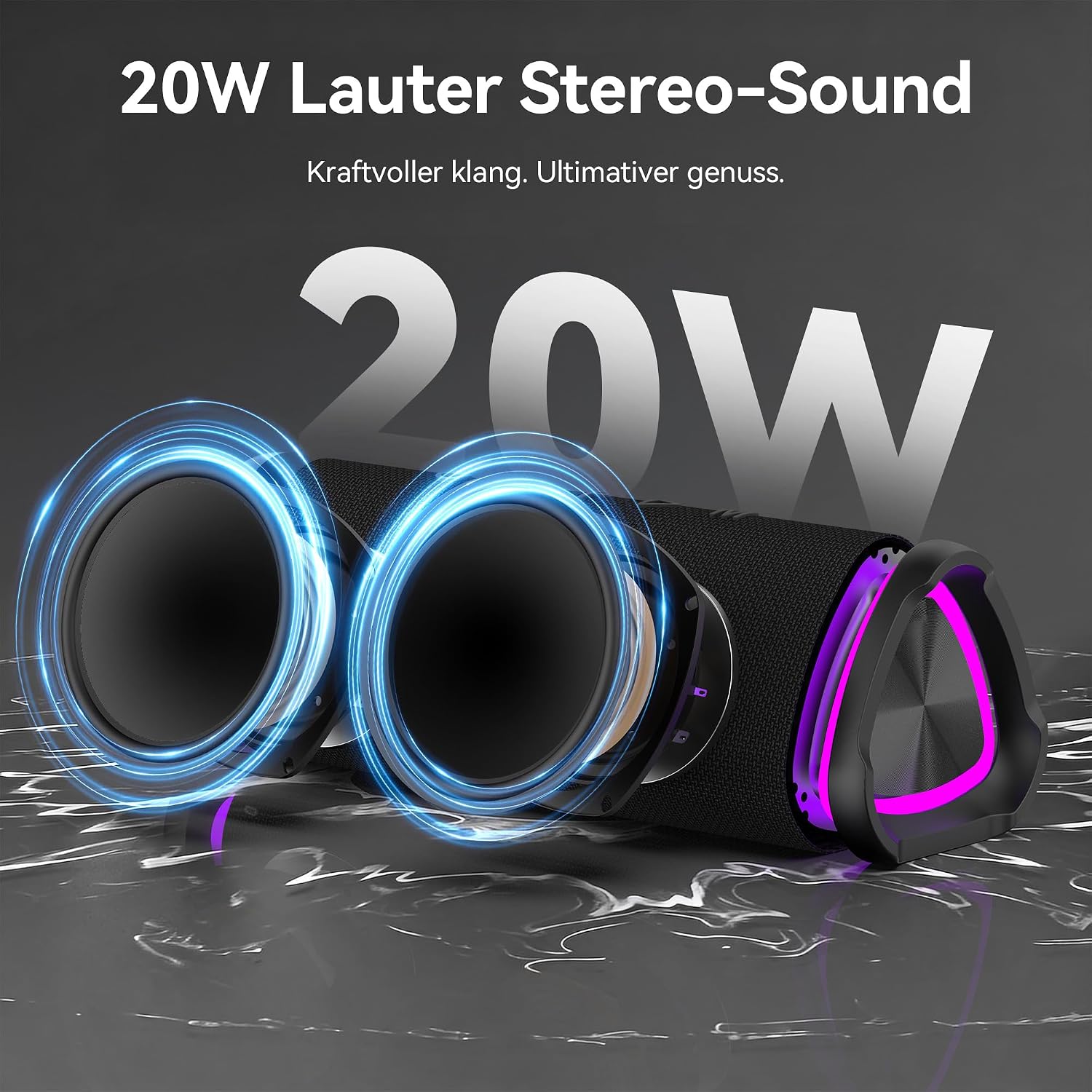 Detalle de Oraolo Bluetooth Tragbarer Lautsprecher mit 20W, IPX6 und 24h Akkulaufzeit – Outdoor & Party Musikbox
