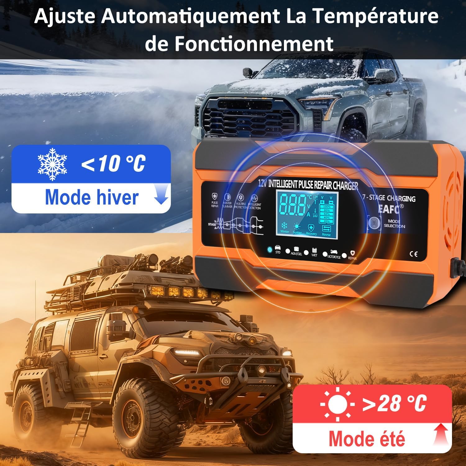 Detalle de EAFC Chargeur de Batterie Voiture 12A 12V Intelligent avec écran LCD – Maintien et Réparation par impulsions