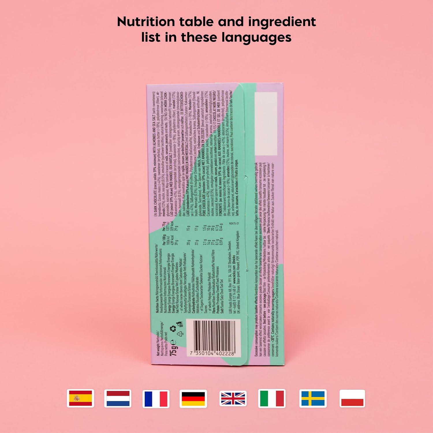 Thumbnail 6 de N!CK'S Dark Chocolate with Almond & Sea Salt, Vegan Low-Carb Bars, 3 x 75 g