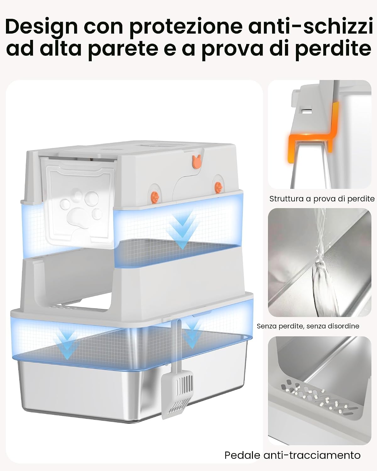 Detalle de Lettiera Gatto Acciaio Inox – XXL aperta/chiusa, coperchio ribaltabile, paletta e design antiodore