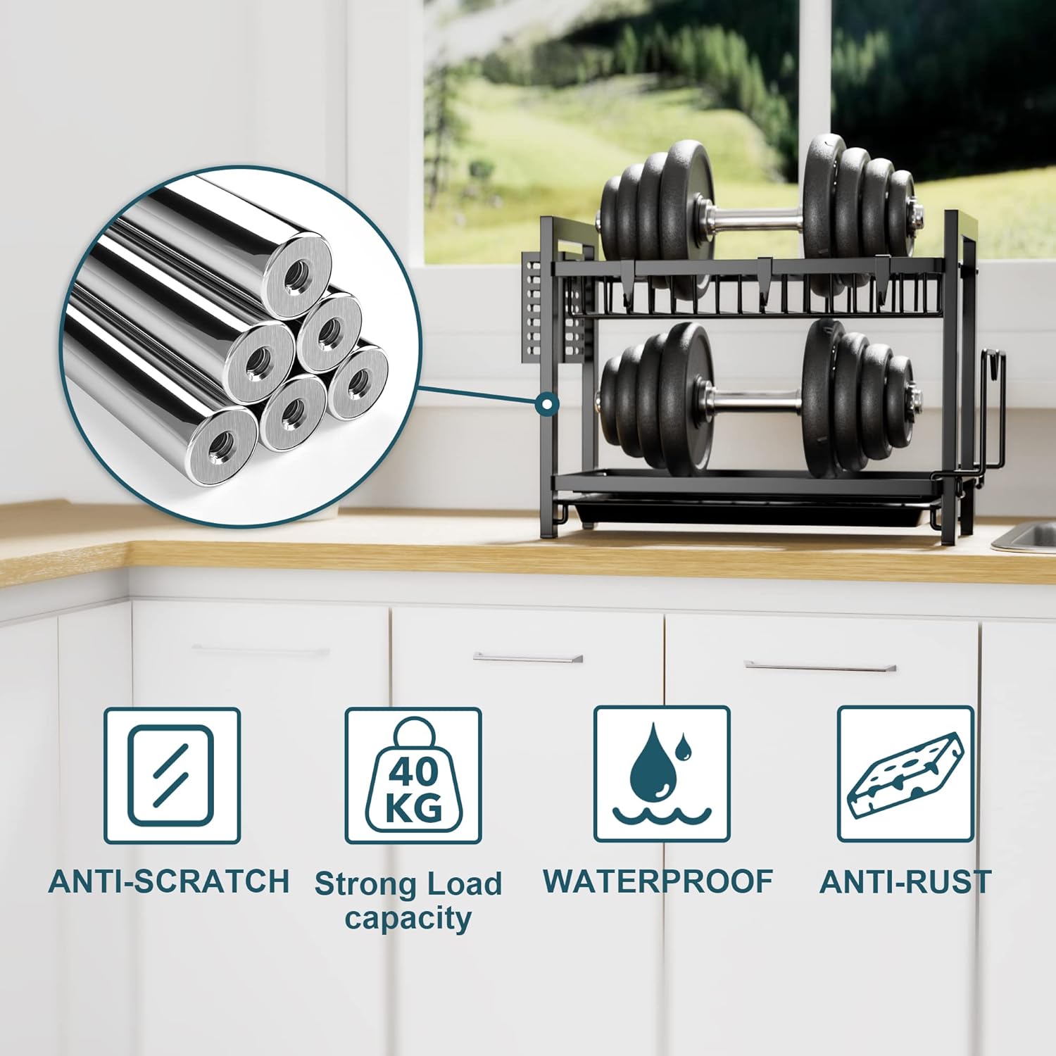 Thumbnail 2 de Black 2-Tier Dish Drainer with Utensil Holder and Drip Tray (43.5 x 24.5 x 34.5)