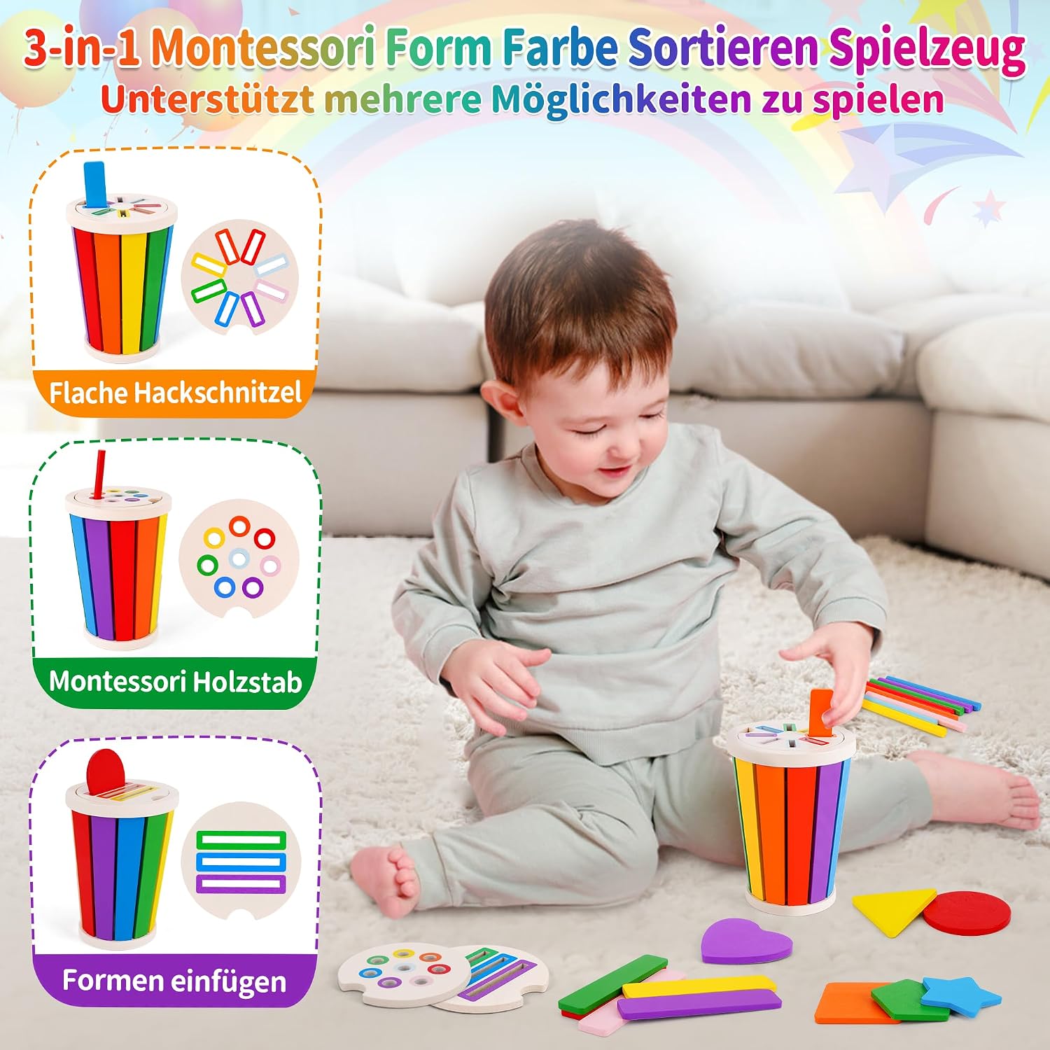 Detalle 2 de FCSONU Montessori Steckspiel Regenbogenfarben & Formen (34-teilig) ab 1–3 Jahren