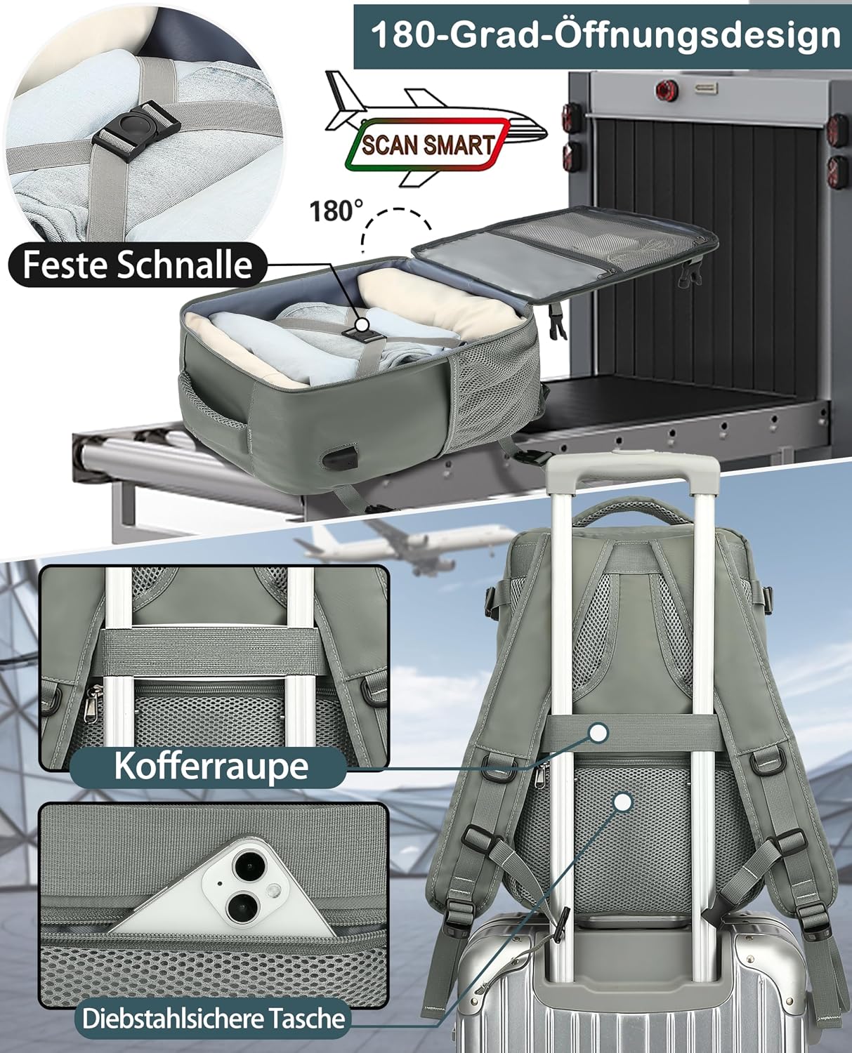 Thumbnail 2 de Handgepäck Rucksack 40x30x20 cm – 24L, Laptopfach, Grün