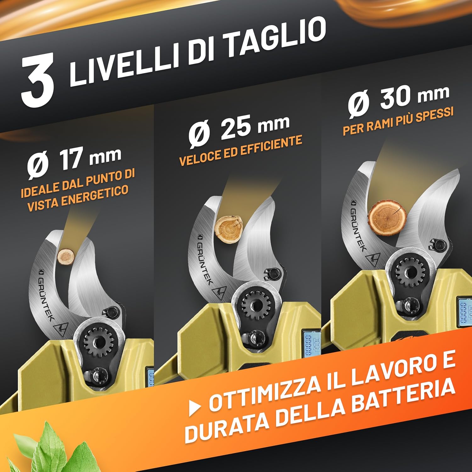 Thumbnail 6 de GRÜNTEK Forbici Potatura a Batteria: Cesoie Elettriche 21V con Display LCD e 3 livelli di taglio