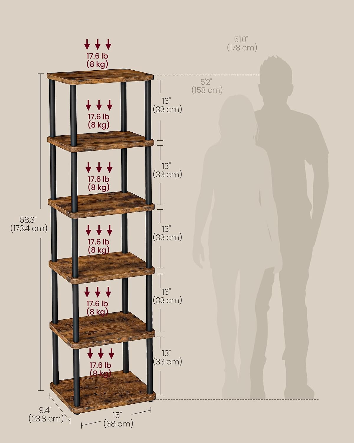Detalle de VASAGLE LLS136K01 6-Tier Standing Shelf, Tool-Free Assembly, Vintage Brown