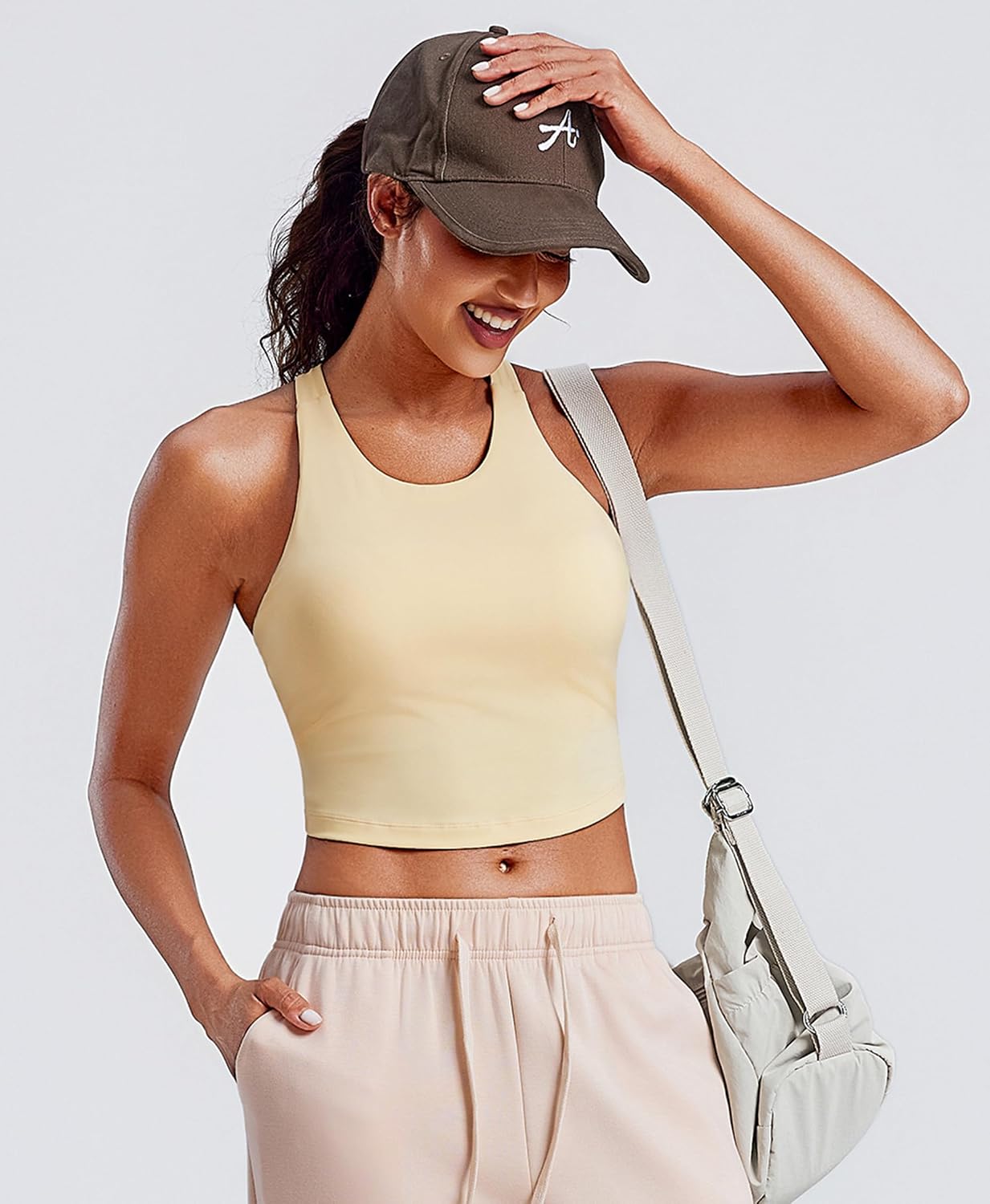 Detalle de PINSPARK Women Sports Bra High Neck Racerback Workout Crop Tank Top Longline with Built-in Removable Pads