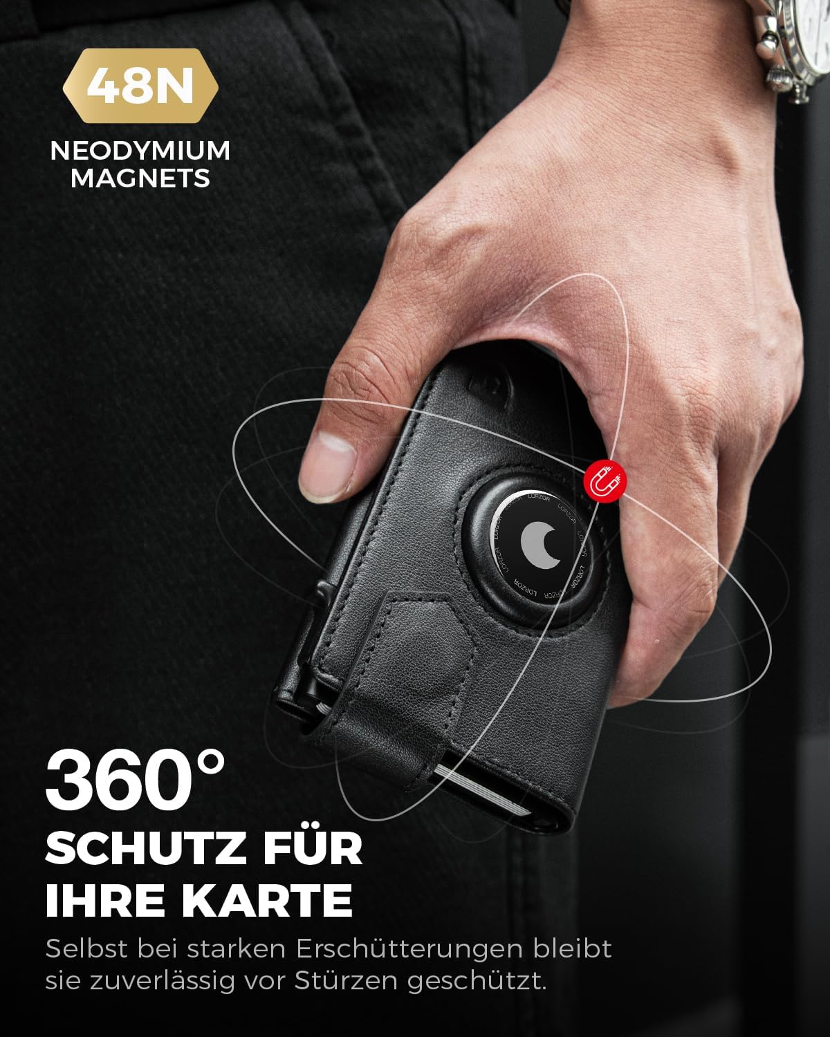 Thumbnail 1 de LORZOR Design für AirTag Wallet – schlanke Herren-Slim-Wallet aus Leder mit Münzfach, RFID-Blocker & Platz für 10 Karten (schwarz)