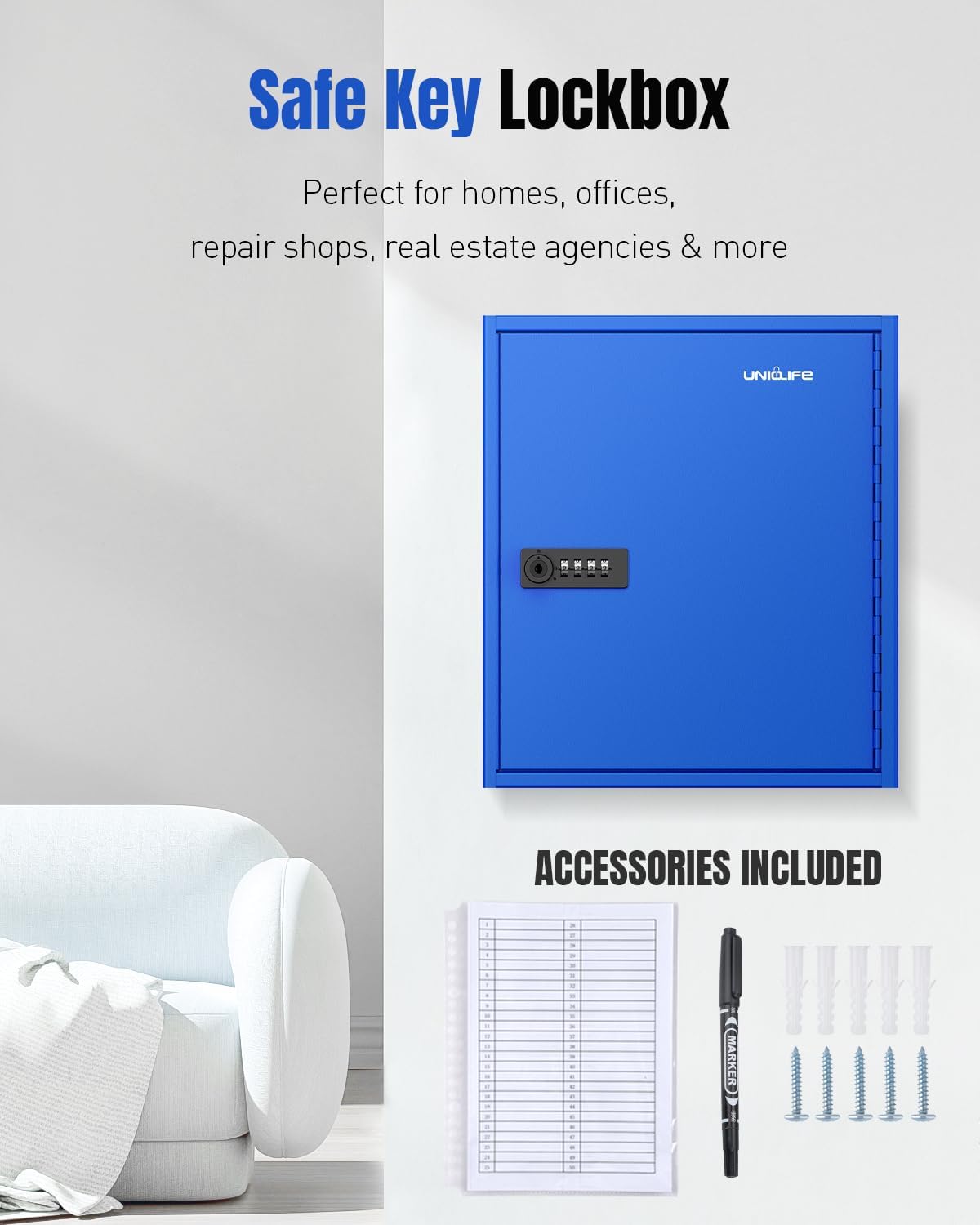 Thumbnail 6 de Uniclife 60 Keys Key Lock Box with Code and Backup Key – Wall Mount, Blue