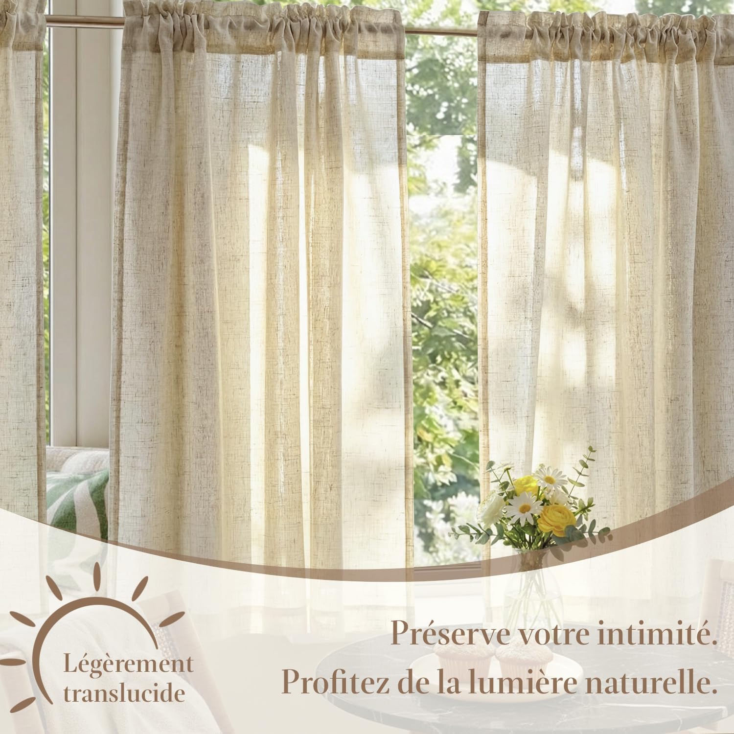 Detalle de TOPICK Rideaux Cuisine Court Brise Bise Beige 65L x 75H cm – 2 panneaux à passe-tringle