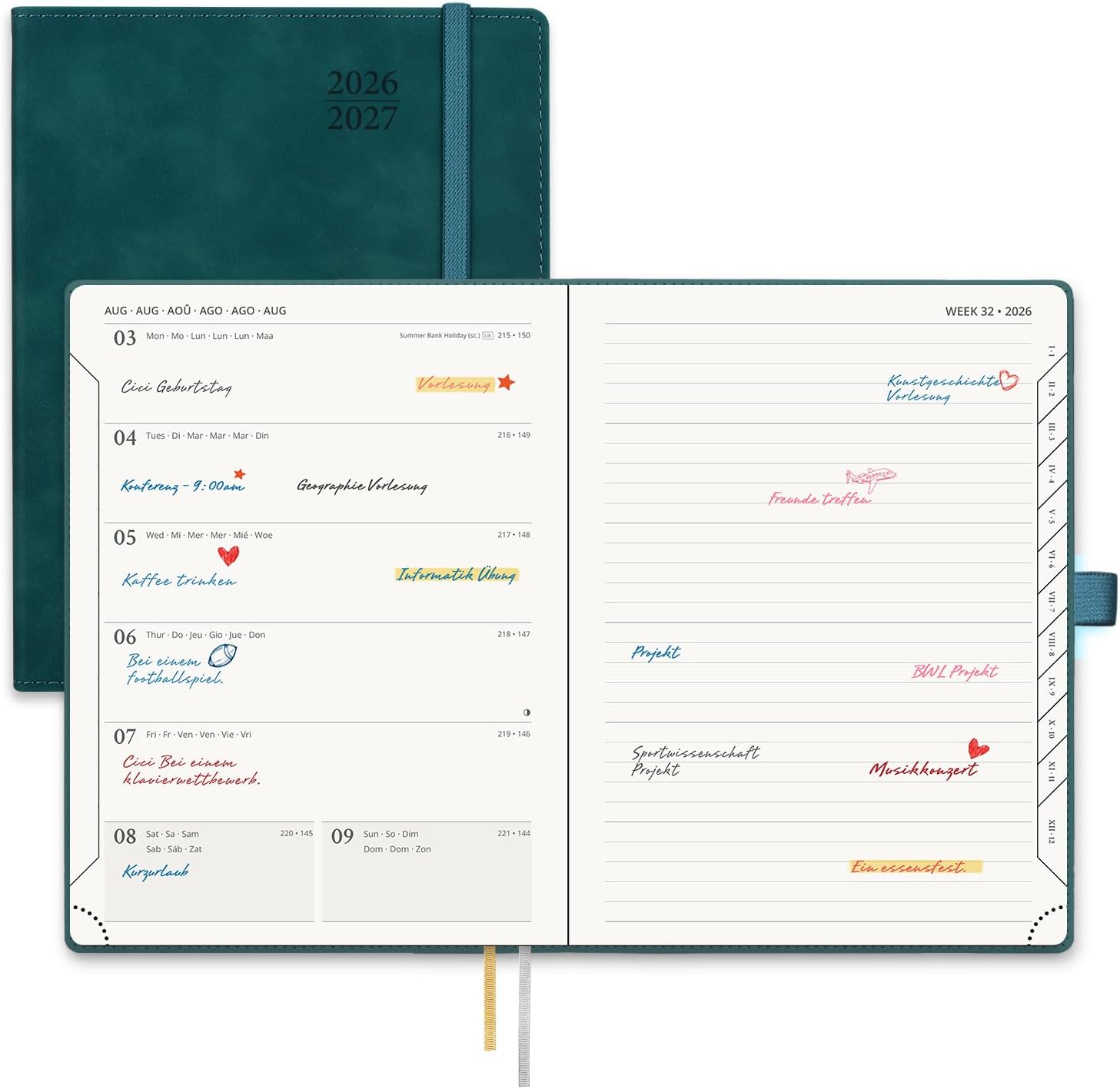 Detalle de POPRUN Kalender 2026/2027 – Buchkalender und Notizbuch im A5-Format, Wochenplaner mit PU-Leder in Petrolgrün